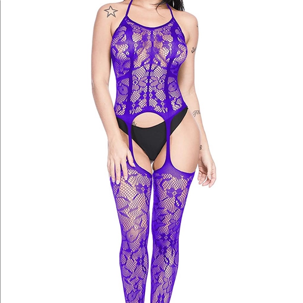 NEW LACE FISHNET FLORAL LINGERIE BODYSUIT/STOCKING